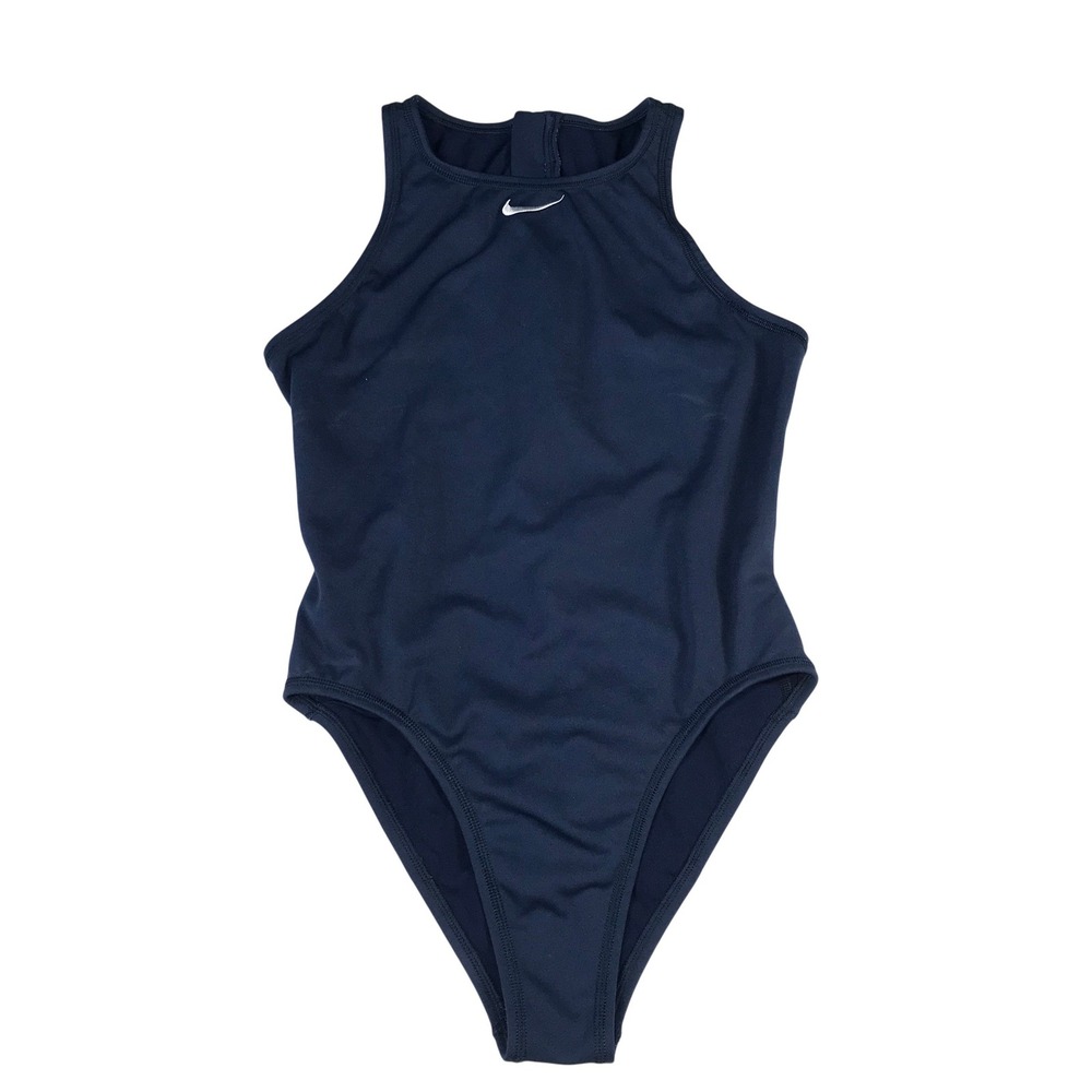 Nike HydraStrong Womens 12 Navy Blue High Neck Zip Back One Piece Swimsuit